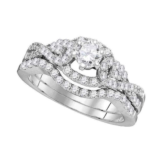 14k White Gold Round Diamond Woven Twist Bridal Wedding Ring Set 1 Cttw (Certified)