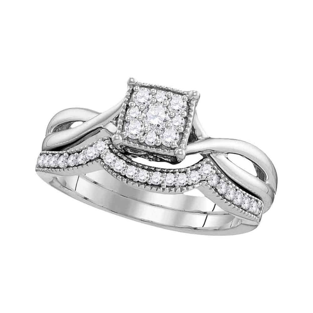 14k White Gold Diamond Flower Cluster Bridal Wedding Ring Set 1/3 Cttw