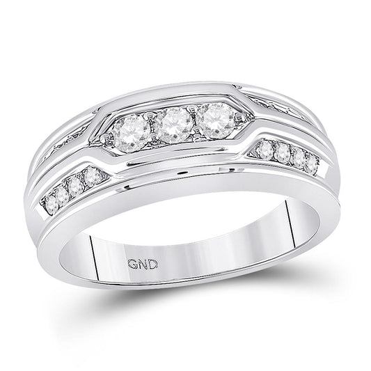 14k White Gold Round Diamond 3-stone Wedding Band Ring 1/2 Cttw