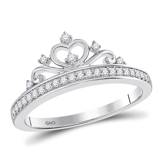 14kt White Gold Round Diamond Crown Tiara Fashion Ring 1/6 Cttw