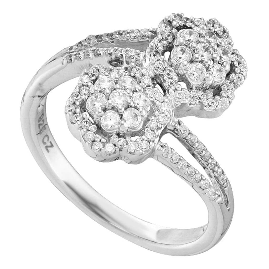14k White Gold Round Diamond Double Bypass Flower Cluster Ring 1/2 Cttw