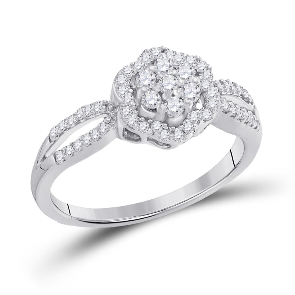 14k White Gold Round Diamond Flower Cluster Ring 1/3 Cttw