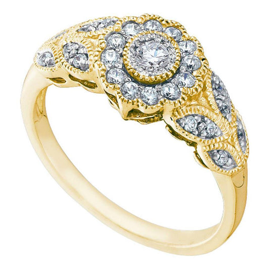 10k Yellow Gold Round Diamond Solitaire Floral Cluster Milgrain Ring 1/3 Cttw
