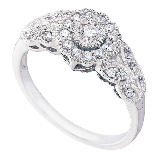 14k White Gold Round Diamond Solitaire Floral Cluster Milgrain Ring 1/3 Cttw
