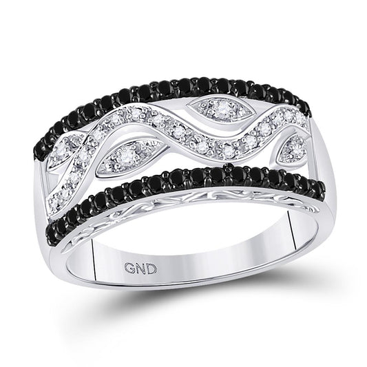 14k White Gold Round Black Diamond Floral Band Ring 1/2 Cttw