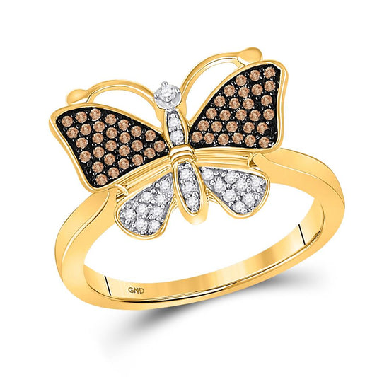 10k Yellow Gold Brown Diamond Butterfly Bug Ring 1/5 Cttw
