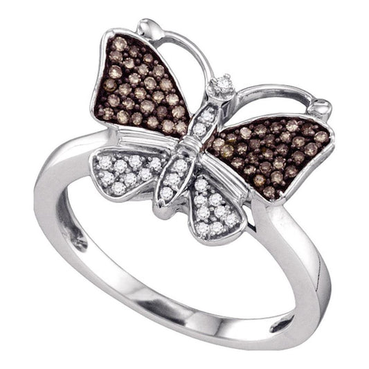 14k White Gold Brown Diamond Butterfly Bug Ring 1/5 Cttw