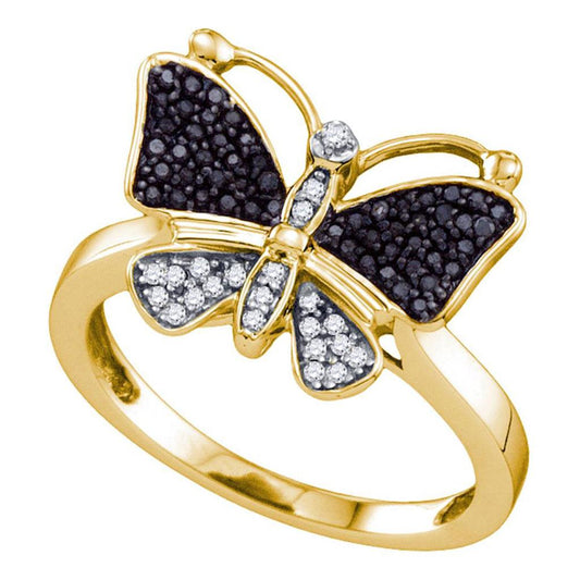 10k Yellow Gold Round Black Diamond Butterfly Bug Ring 1/4 Cttw