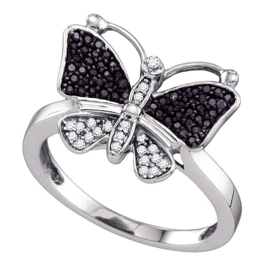 14k White Gold Round Black Diamond Butterfly Bug Ring 1/4 Cttw