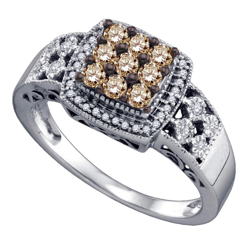 14k White Gold Round Brown Diamond Square Cluster Ring 1/2 Cttw