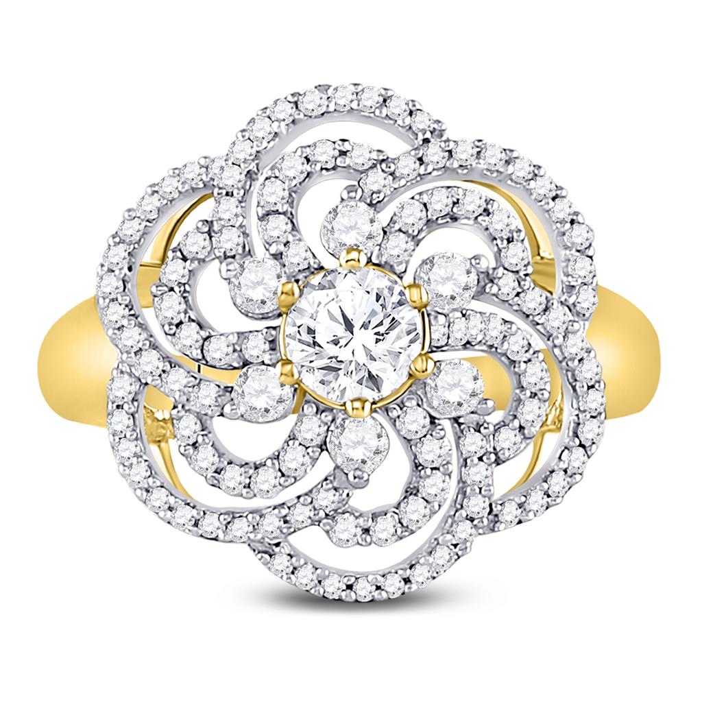 10k Yellow Gold Round Diamond Flower Solitaire Fashion Ring 1 Cttw