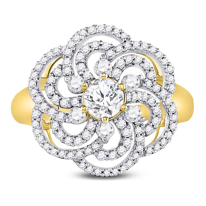 10k Yellow Gold Round Diamond Flower Solitaire Fashion Ring 1 Cttw