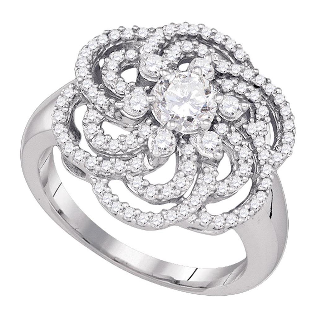 14k White Gold Round Diamond Flower Solitaire Fashion Ring 1 Cttw