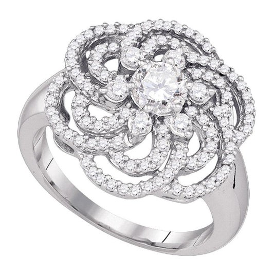 14k White Gold Round Diamond Flower Solitaire Fashion Ring 1 Cttw