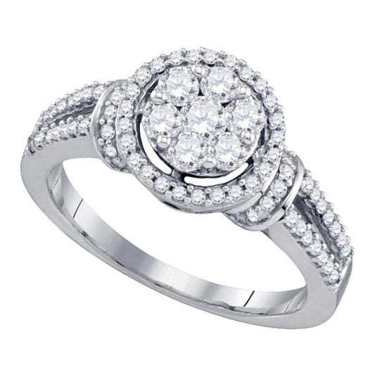 14k White Gold Round Diamond Flower Cluster Ring 3/4 Cttw