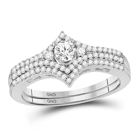 14k White Gold Round Diamond Chevron Bridal Wedding Ring Set 1/2 Cttw