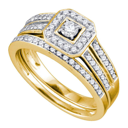 14k Yellow Gold Round Diamond Square Halo Bridal Wedding Ring Set 1/2 Cttw