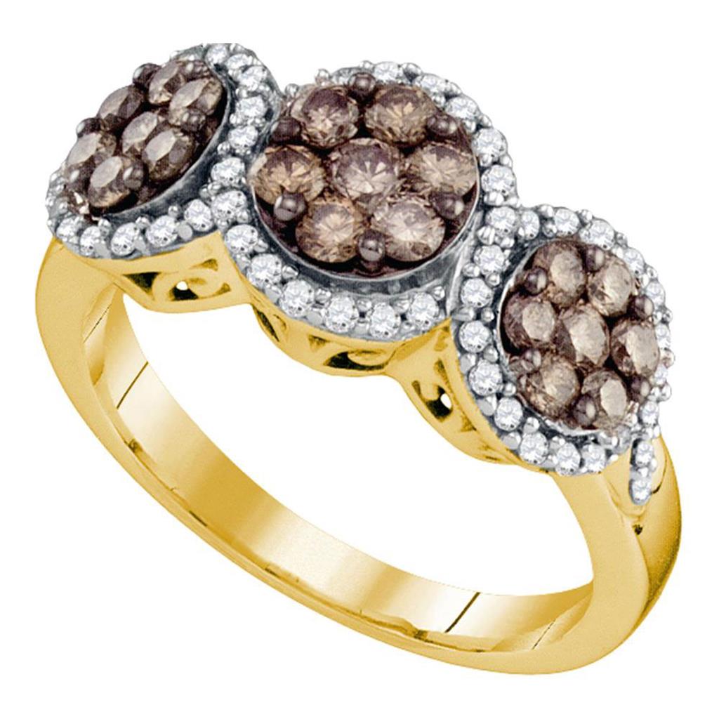 10k Yellow Gold Round Brown Diamond Triple Flower Cluster Ring 1 Cttw