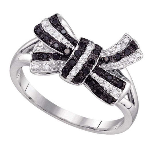14k White Gold Black Diamond Bow Ribbon Cluster Ring 1/4 Cttw