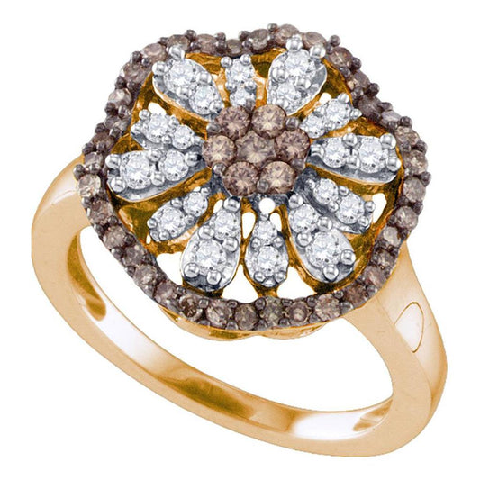 10k Rose Gold Brown Round Diamond Flower Cluster Ring 3/4 Cttw