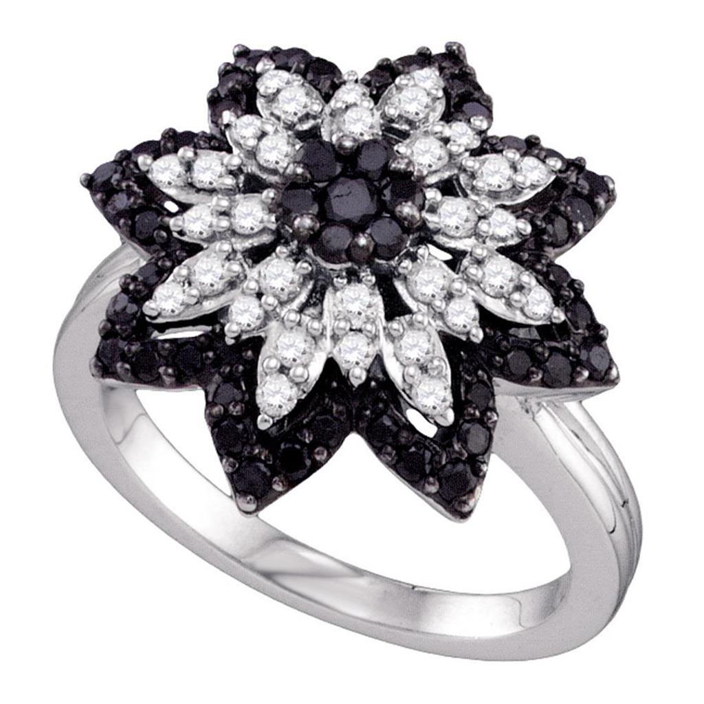 14k White Gold Round Black Diamond Flower Cluster Ring 7/8 Cttw