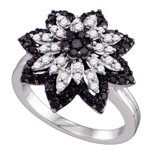 14k White Gold Round Black Diamond Flower Cluster Ring 7/8 Cttw