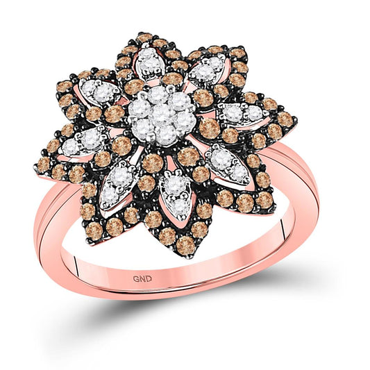 10k Rose Gold Round Brown Diamond Flower Cluster Ring 1 Cttw