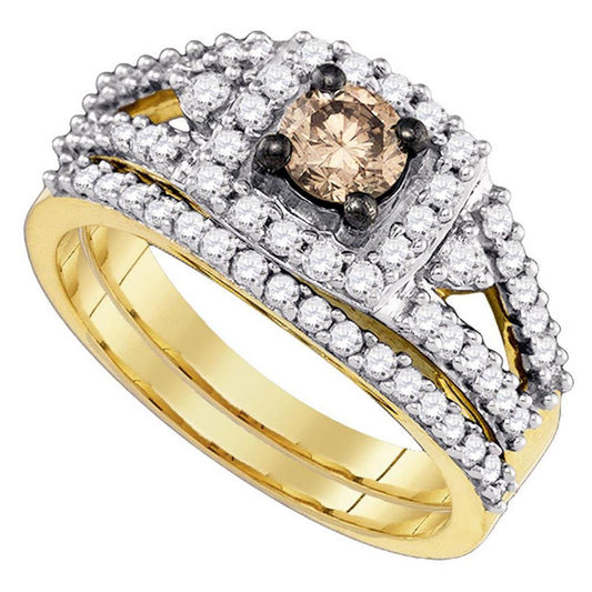 14k Yellow Gold Brown Diamond Bridal Wedding Ring Set 1 Cttw