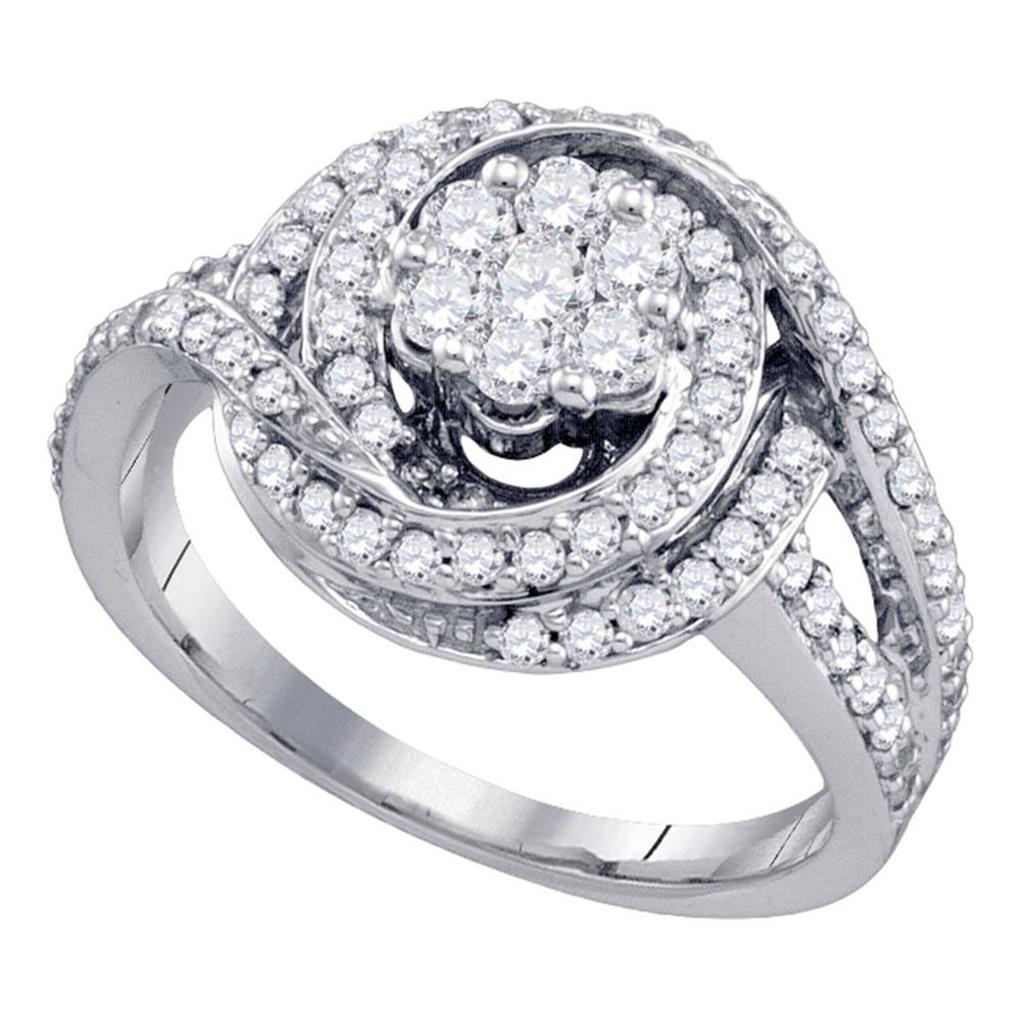 14k White Gold Round Diamond Flower Cluster Bridal Engagement Ring 1 Cttw