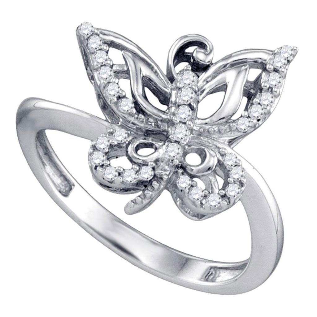 14k White Gold Round Diamond Butterfly Bug Ring 1/5 Cttw