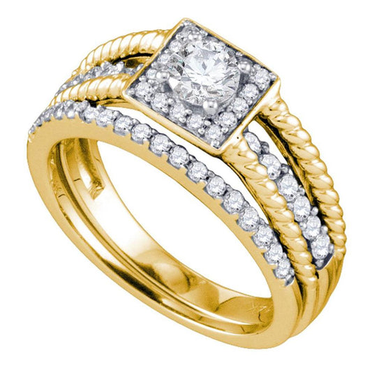 14k Yellow Gold Round Diamond Halo Bridal Wedding Ring Set 7/8 Cttw