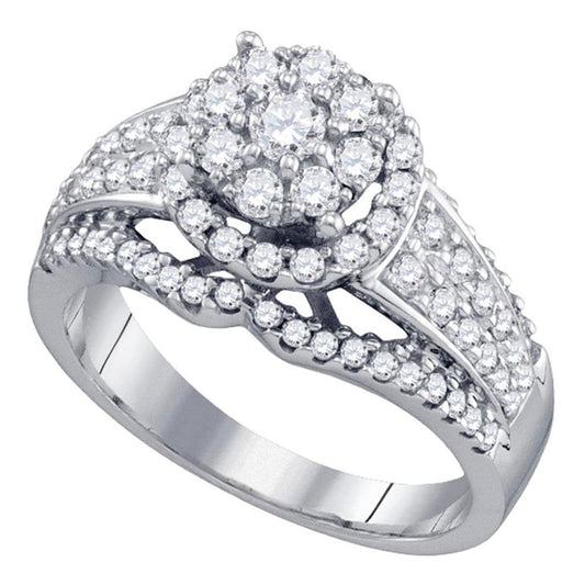 14k White Gold Round Diamond Flower Cluster Ring 1 Cttw