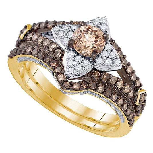 14k Yellow Gold Brown Diamond Bridal Wedding Ring Set 1-1/3 Cttw