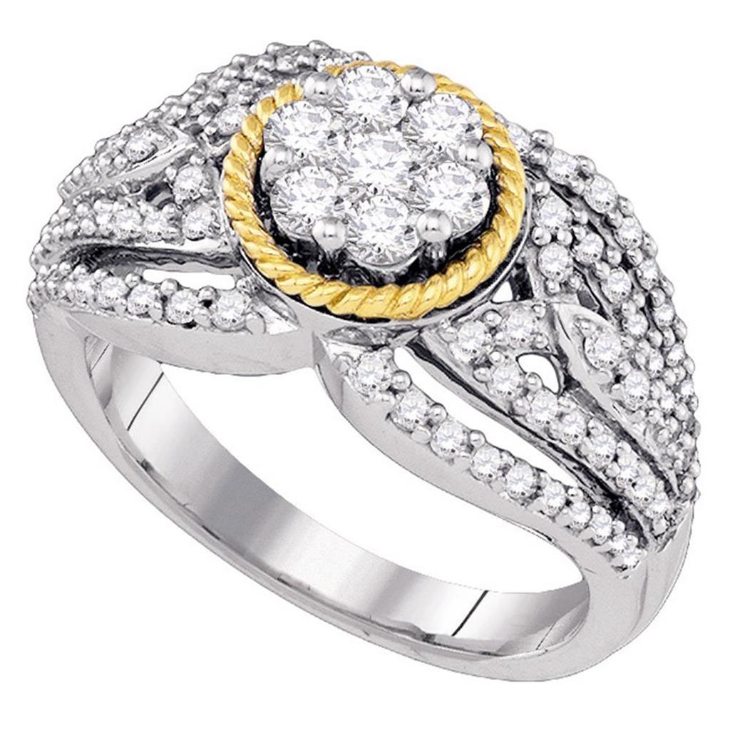 10k Two-tone Gold Round Diamond Roped Flower Cluster Ring 7/8 Cttw