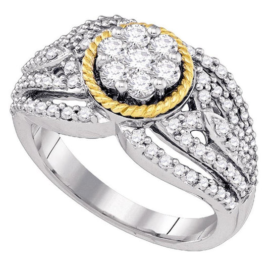 10k Two-tone Gold Round Diamond Roped Flower Cluster Ring 7/8 Cttw