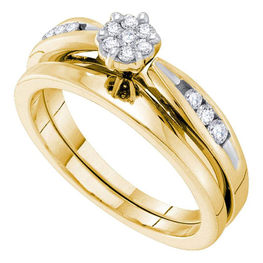 14k Yellow Gold Round Diamond Cluster Bridal Wedding Ring Set 1/4 Cttw