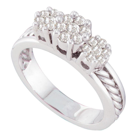 14k White Gold Round Diamond Triple Flower Cluster Rope Ring 1/2 Cttw