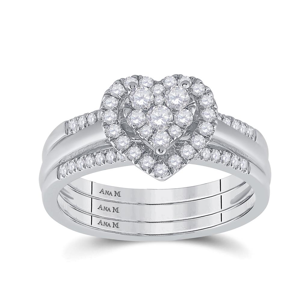 14k White Gold Diamond Heart 3-Piece Bridal Wedding Ring Set 1/2 Cttw