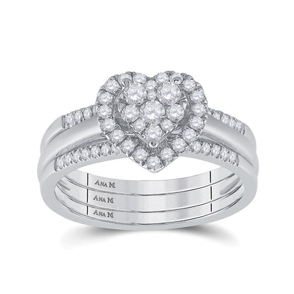 14k White Gold Diamond Heart 3-Piece Bridal Wedding Ring Set 1/2 Cttw