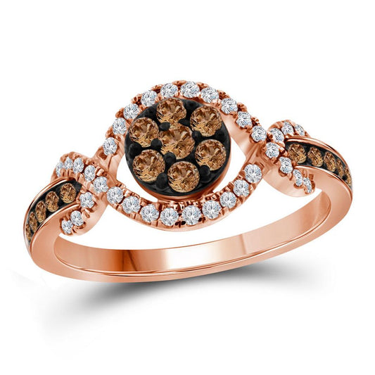 10k Rose Gold Round Brown Diamond Flower Cluster Ring 1/2 Cttw