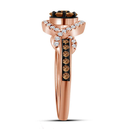 10k Rose Gold Round Brown Diamond Flower Cluster Ring 1/2 Cttw