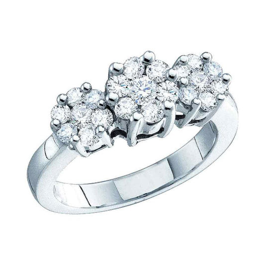 14k White Gold Round Diamond Triple Flower Cluster Ring 1/3 Cttw