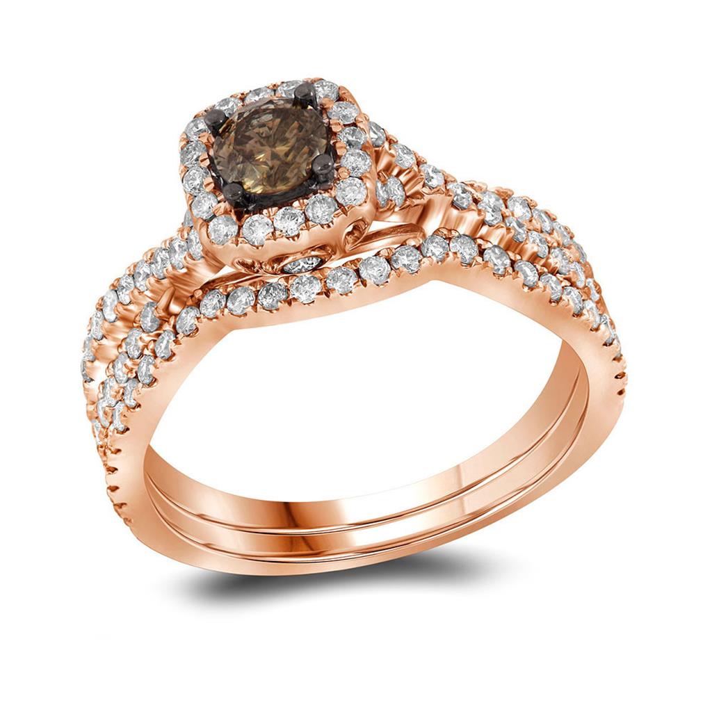 14k Rose Gold Round Brown Diamond Bridal Wedding Ring Set 1Cttw
