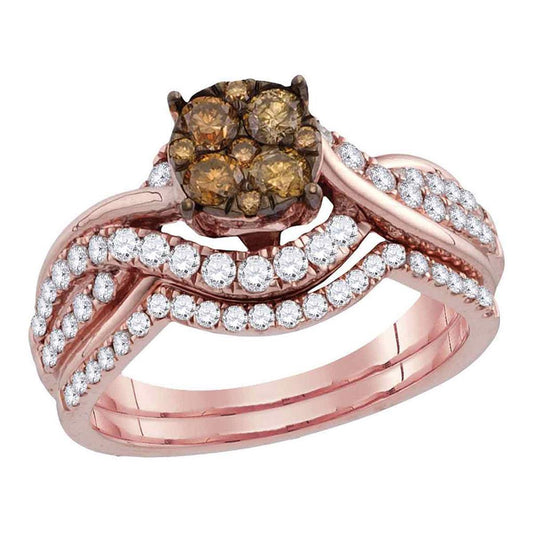 14k Rose Gold Round Brown Diamond Cluster Bridal Wedding Ring Set 1 Cttw