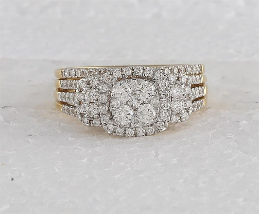 14k Yellow Gold Round Diamond Cluster Bridal Wedding Ring Set 1 Cttw