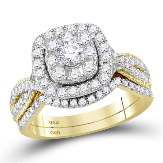 14k Yellow Gold Round Diamond Halo Bridal Wedding Ring Set 1 Cttw
