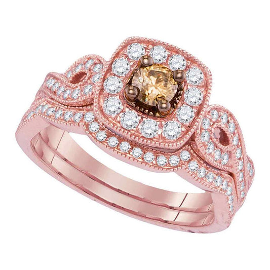 14k Rose Gold Round Brown Diamond Bridal Wedding Ring Set 3/4 Cttw