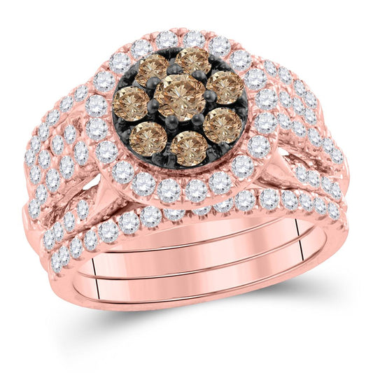 14k Rose Gold Round Brown Diamond Bridal Wedding Ring Set 2 Cttw