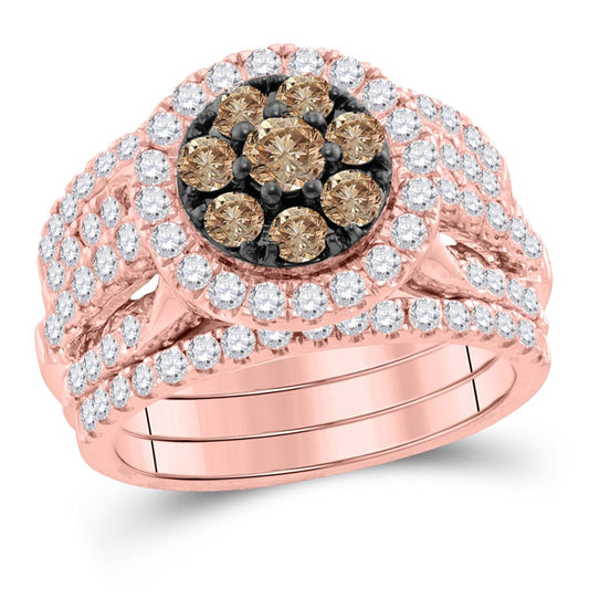 14k Rose Gold Round Brown Diamond Bridal Wedding Ring Set 2 Cttw