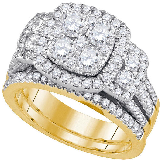 14k Yellow Gold Round Diamond Cluster Bridal Wedding Ring Set 3 Cttw